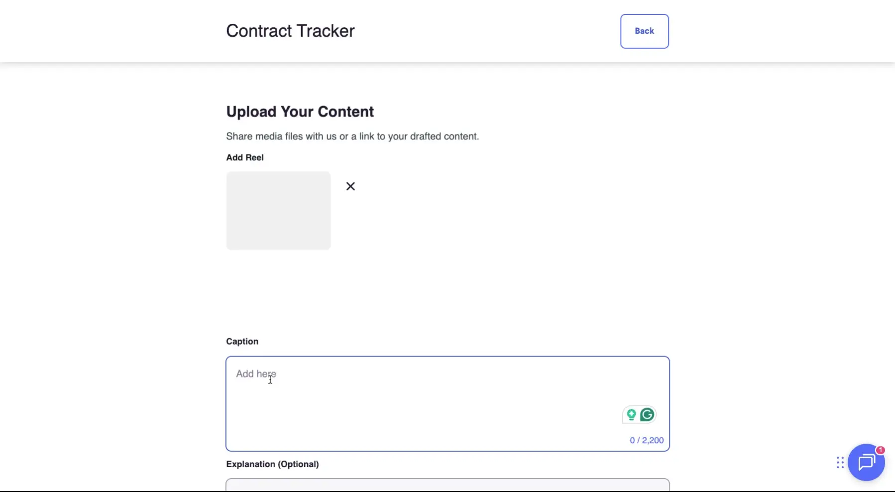 The screenshot shows the "Upload Your Content" section within the "Contract Tracker" feature, allowing users to upload an Instagram reel and add a caption.