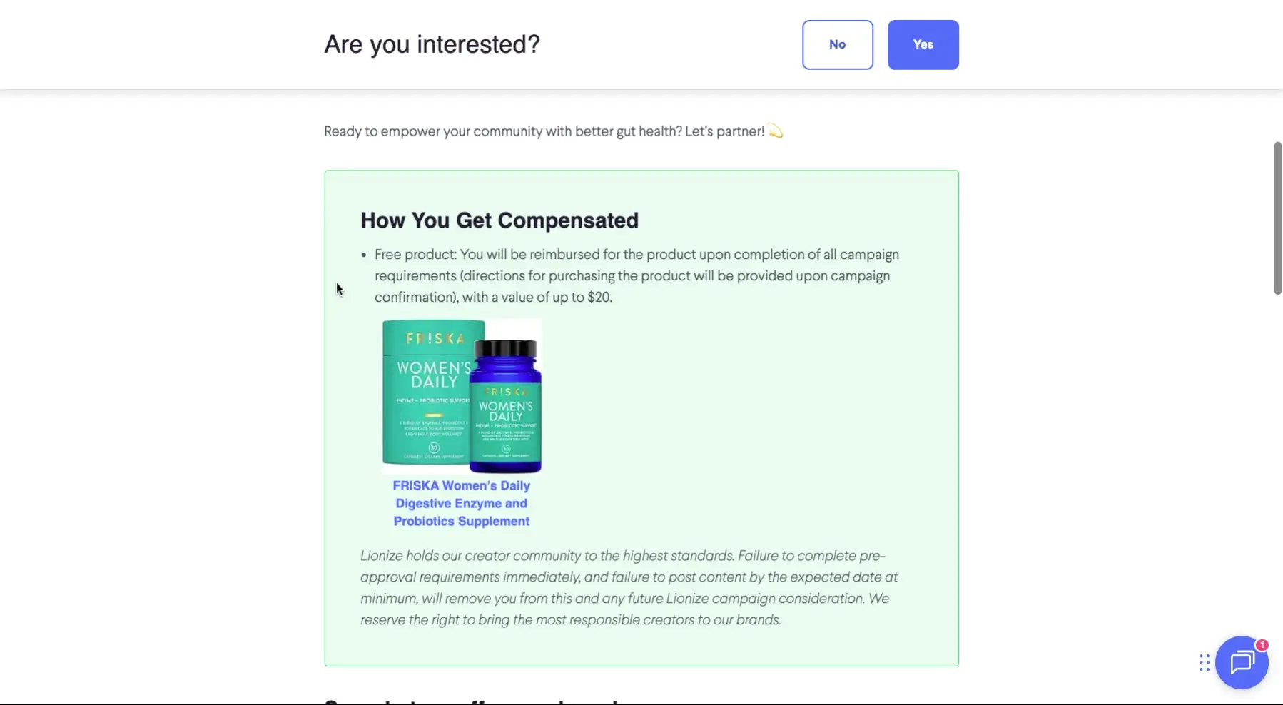 The screenshot shows a question asking if the user is interested in a partnership, with options to answer 'Yes' or 'No'. It also details how creators are compensated, including a free product reimbursement.