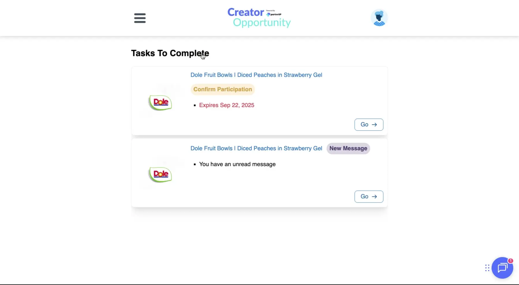 The screenshot displays a 'Tasks To Complete' section, showing two items related to a Dole Fruit Bowls campaign, one requiring participation confirmation and the other indicating a new message.
