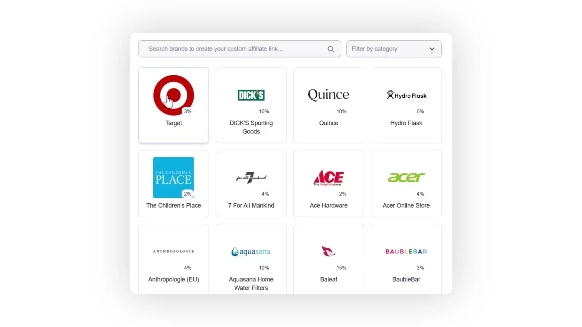 The screenshot displays a section of the partnrUP platform where users can view and select from a list of brand partners to create custom affiliate links. Each brand is displayed with its commission percentage.