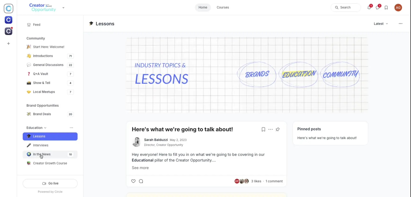 The screenshot shows the "Lessons" section of the Creator Opportunity platform, with a focus on educational content and community engagement. It highlights topics like brands, education, and community.