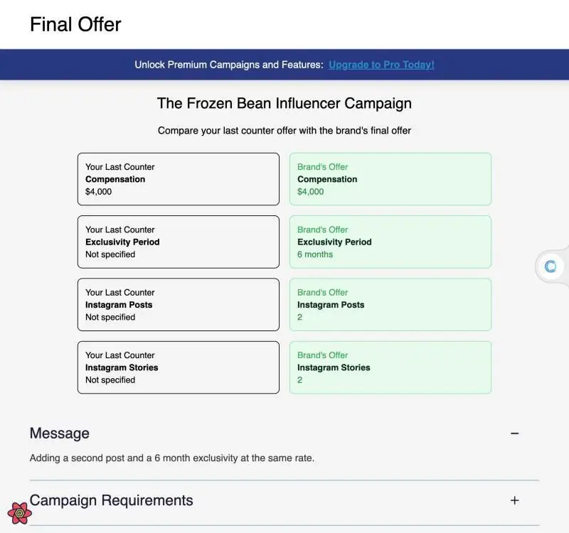 This screen displays the final offer for The Frozen Bean Influencer Campaign, comparing the user's last counter offer with the brand's final offer. It details compensation, exclusivity period, and the number of Instagram posts and stories, along with a message summarizing the offer's terms.