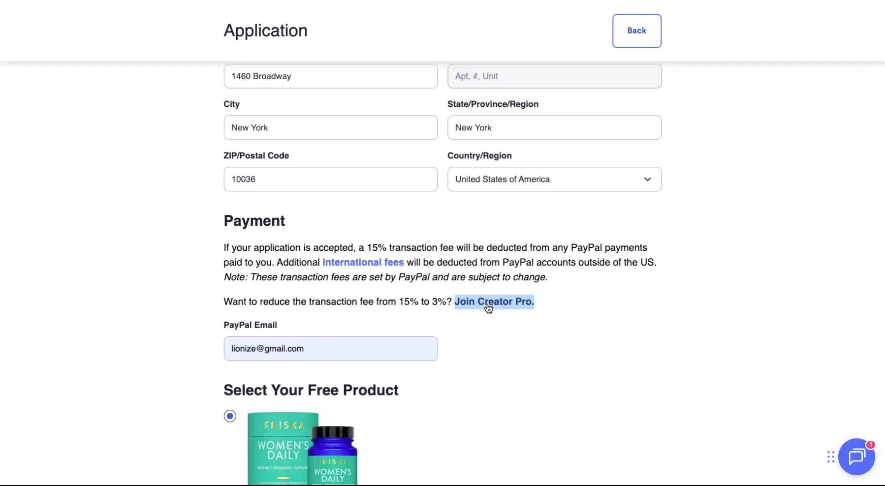 The screenshot shows a form where the user is filling in their application details, including their PayPal email address. It also highlights the option to join Creator Pro to reduce transaction fees.