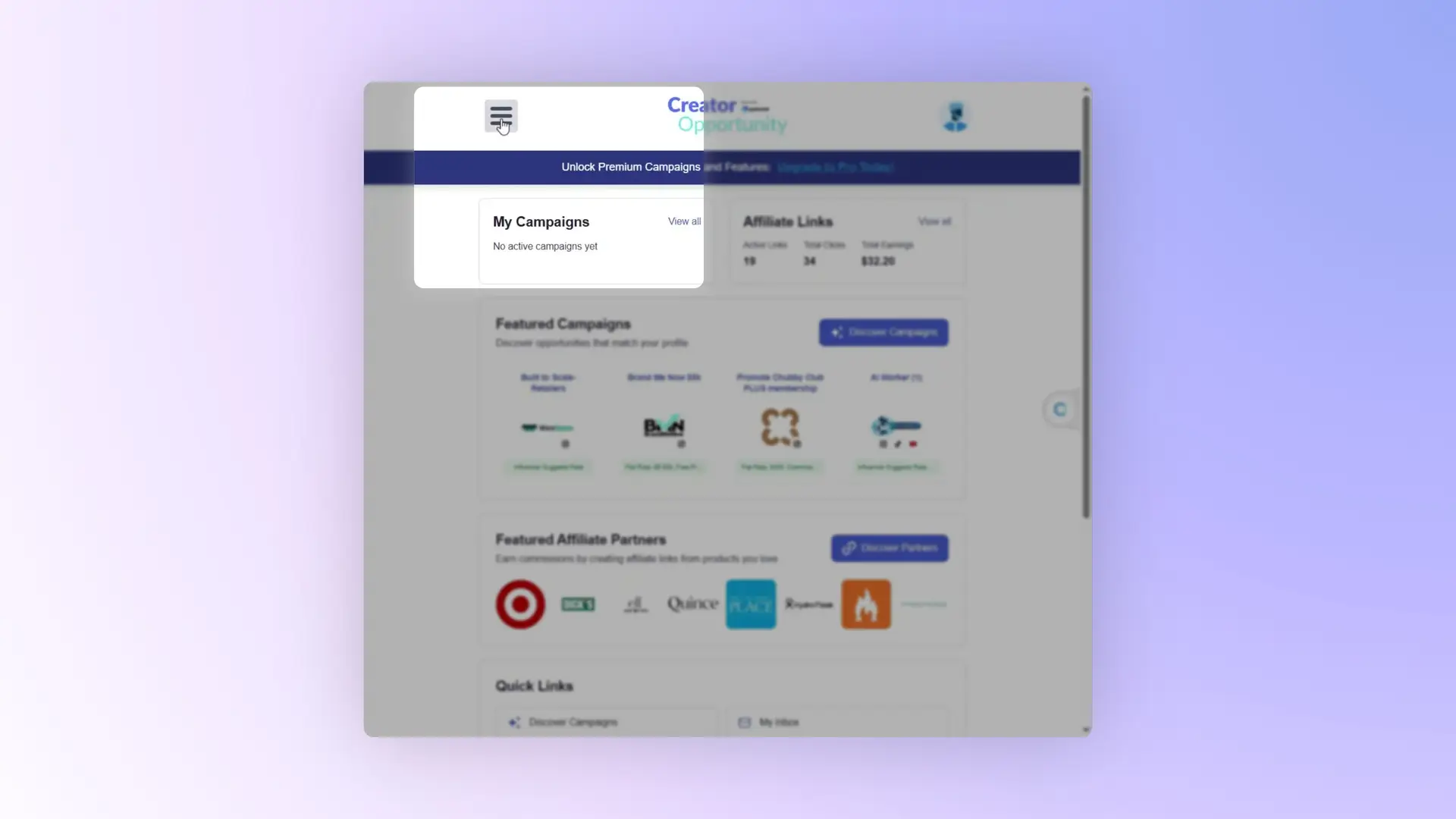 The screenshot displays the partnrUP platform's dashboard, showcasing features like affiliate links, featured campaigns, and featured affiliate partners. The user is likely navigating the platform to find their affiliate link page.