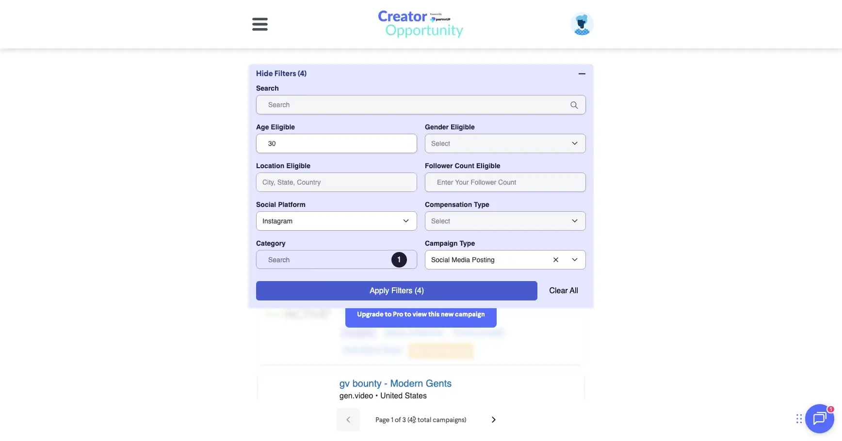 The screenshot displays the filter options available on the platform, including search, age, gender, location, follower count, social platform, compensation type, and campaign type. The user has selected Instagram as the social platform and Social Media Posting as the campaign type.