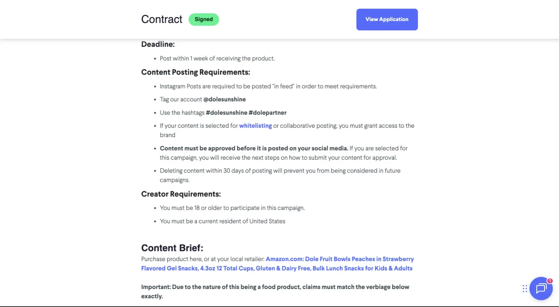 The screenshot displays a signed contract outlining content posting requirements, including tagging the account @dolesunshine and using specific hashtags, along with creator requirements and a content brief.