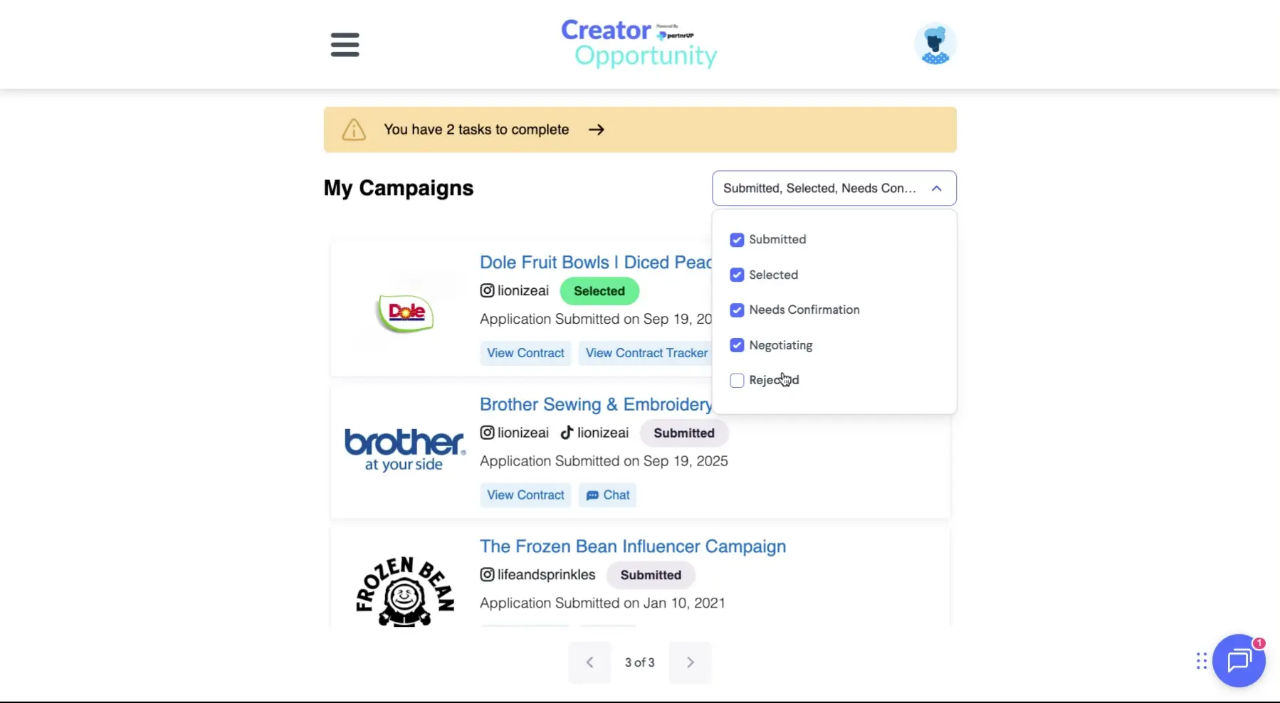 The user is viewing the 'My Campaigns' section and is sorting the campaigns by status. The available statuses are Submitted, Selected, Needs Confirmation, Negotiating, and Rejected.