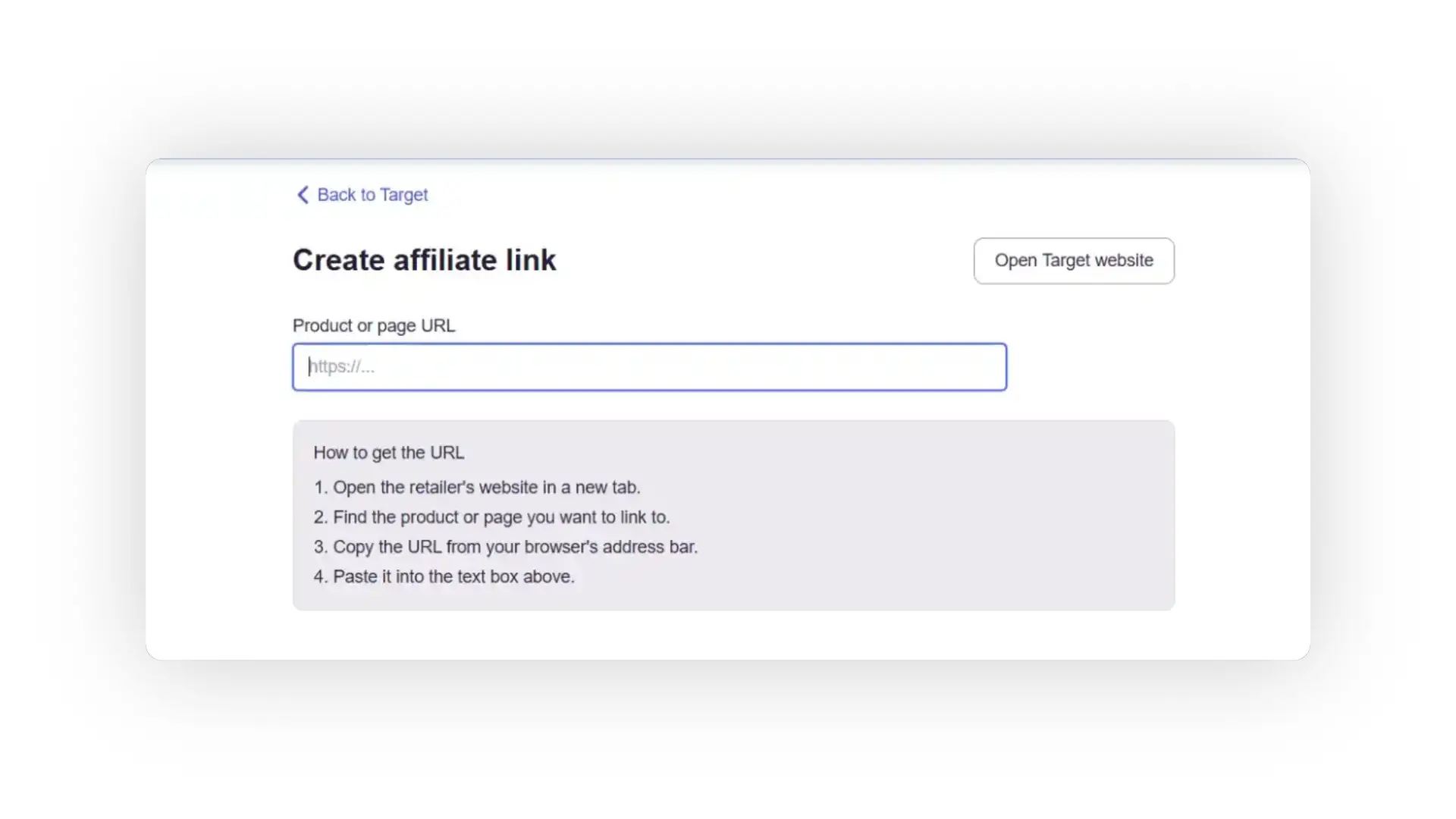 The user is on the "Create affiliate link" page, where they can input a product or page URL to generate an affiliate link.