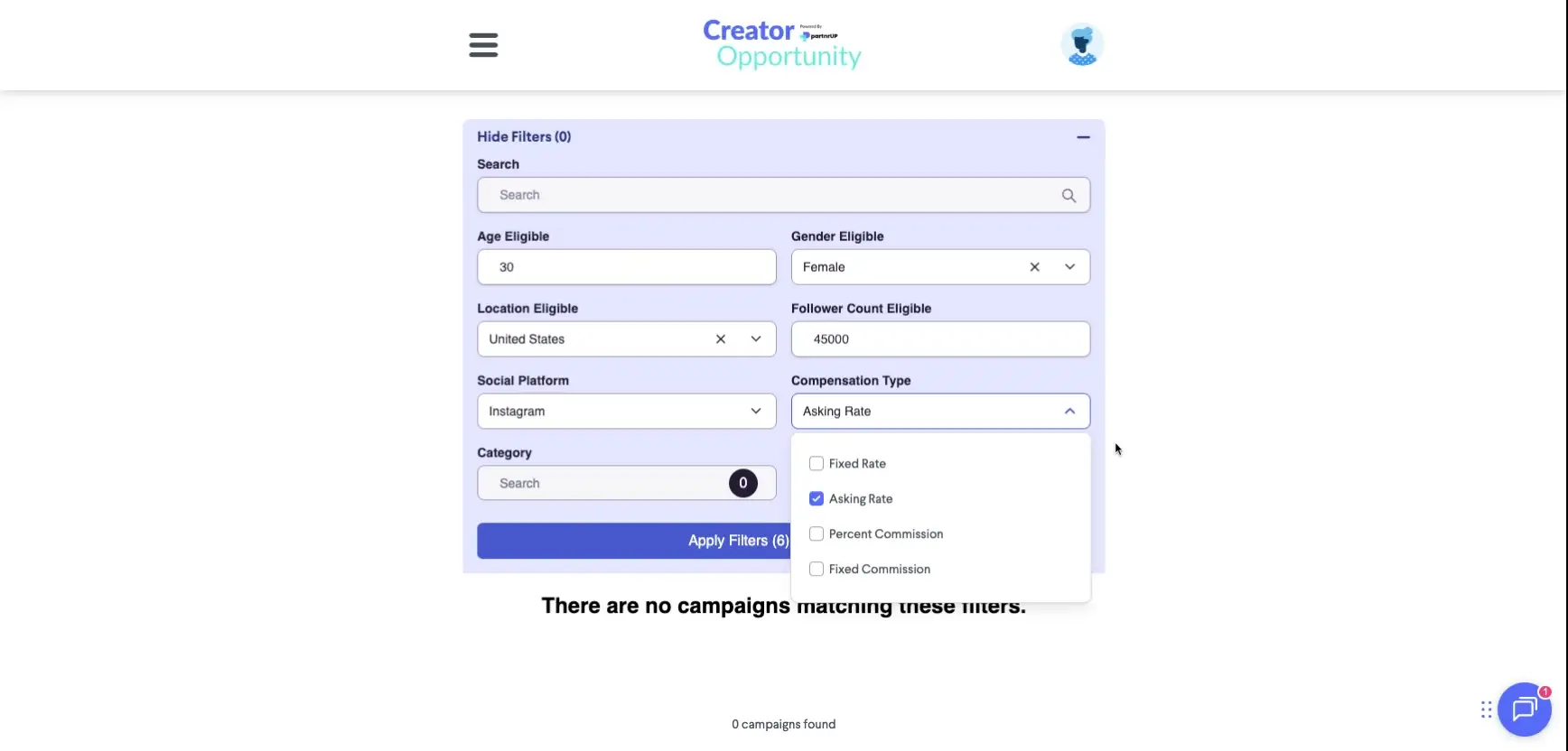 The user is on the 'Creator Opportunity' page, using filters to search for creators. The filters include age, gender, location, social platform, and compensation type, with 'Asking Rate' selected.