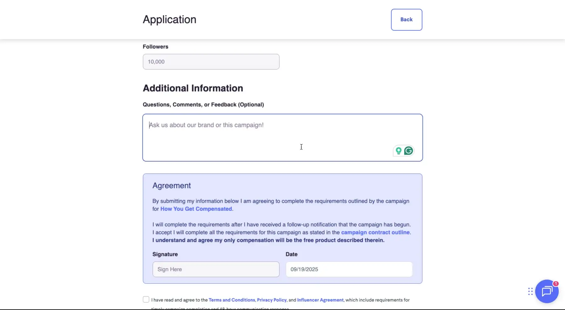 The screenshot shows an application form with fields for follower count, additional information, and an agreement section. The agreement outlines the terms of compensation and requires a signature and date.