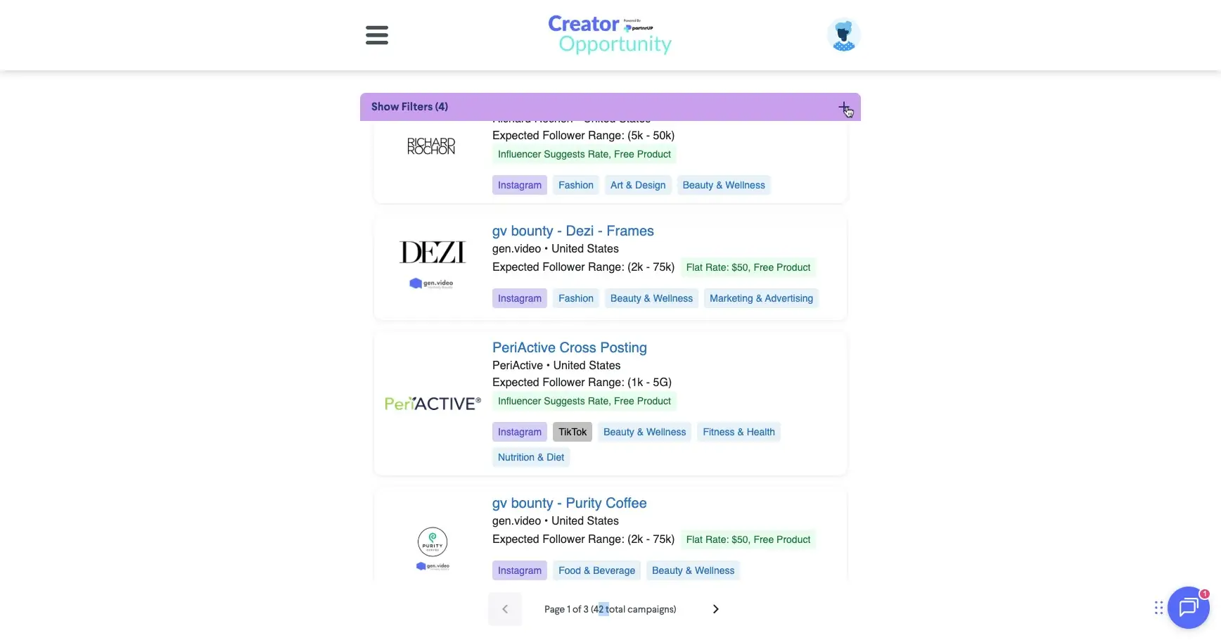 The screenshot displays a list of creator opportunities, each detailing the brand, expected follower range, and compensation details, including options for influencers to suggest their rates.