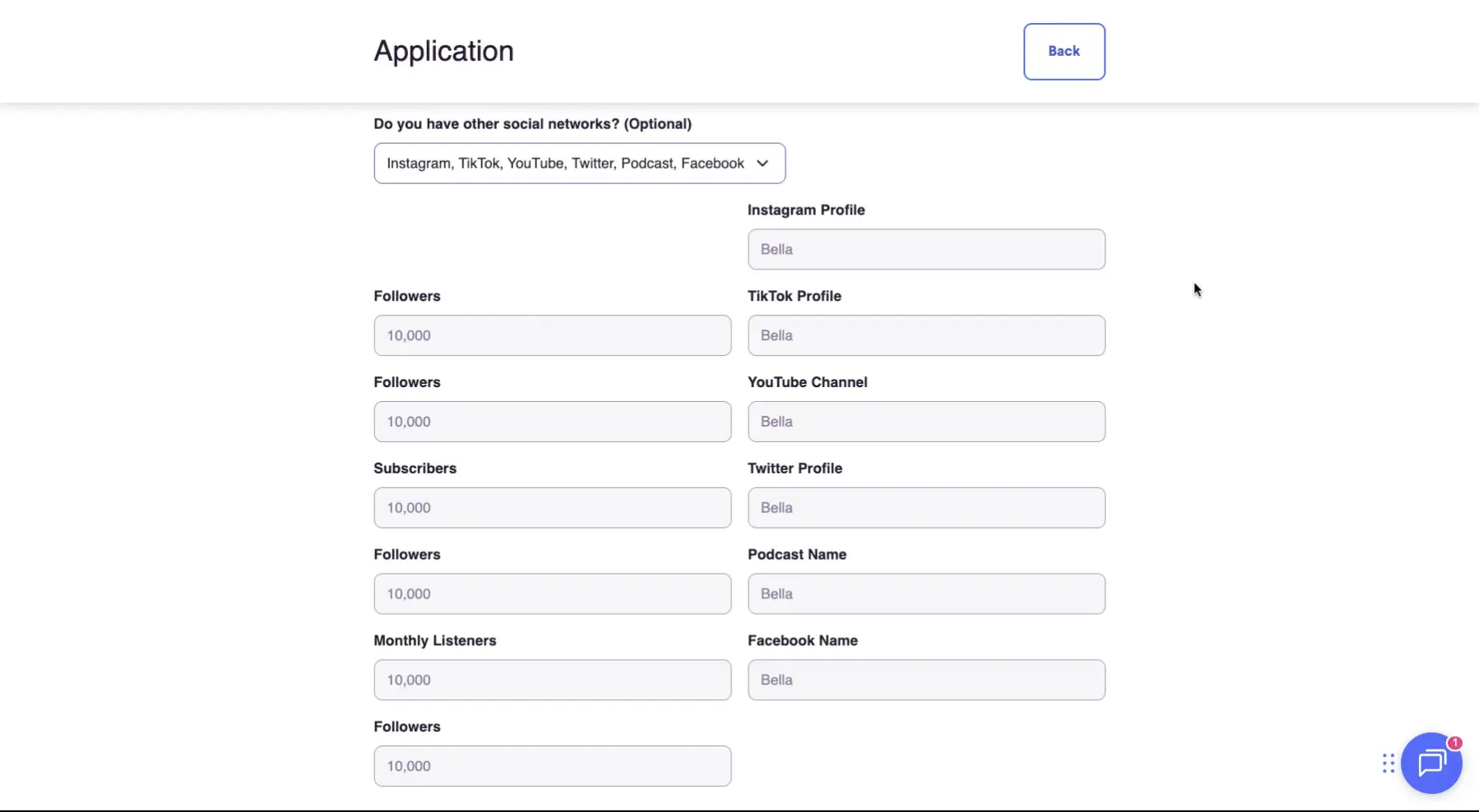 The screenshot displays an application form where users can input their social media profiles and follower/subscriber counts. It includes fields for Instagram, TikTok, YouTube, Twitter, Podcast, and Facebook.