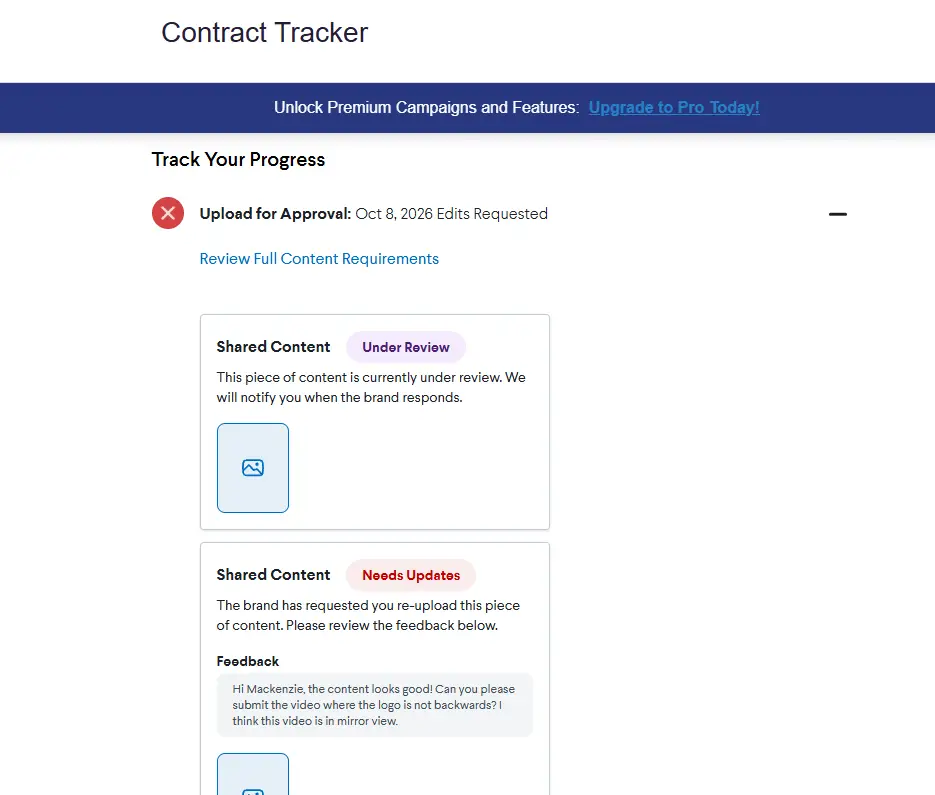 Contract Tracker page showing content approval status with sections for 'Under Review' and 'Needs Updates'.
