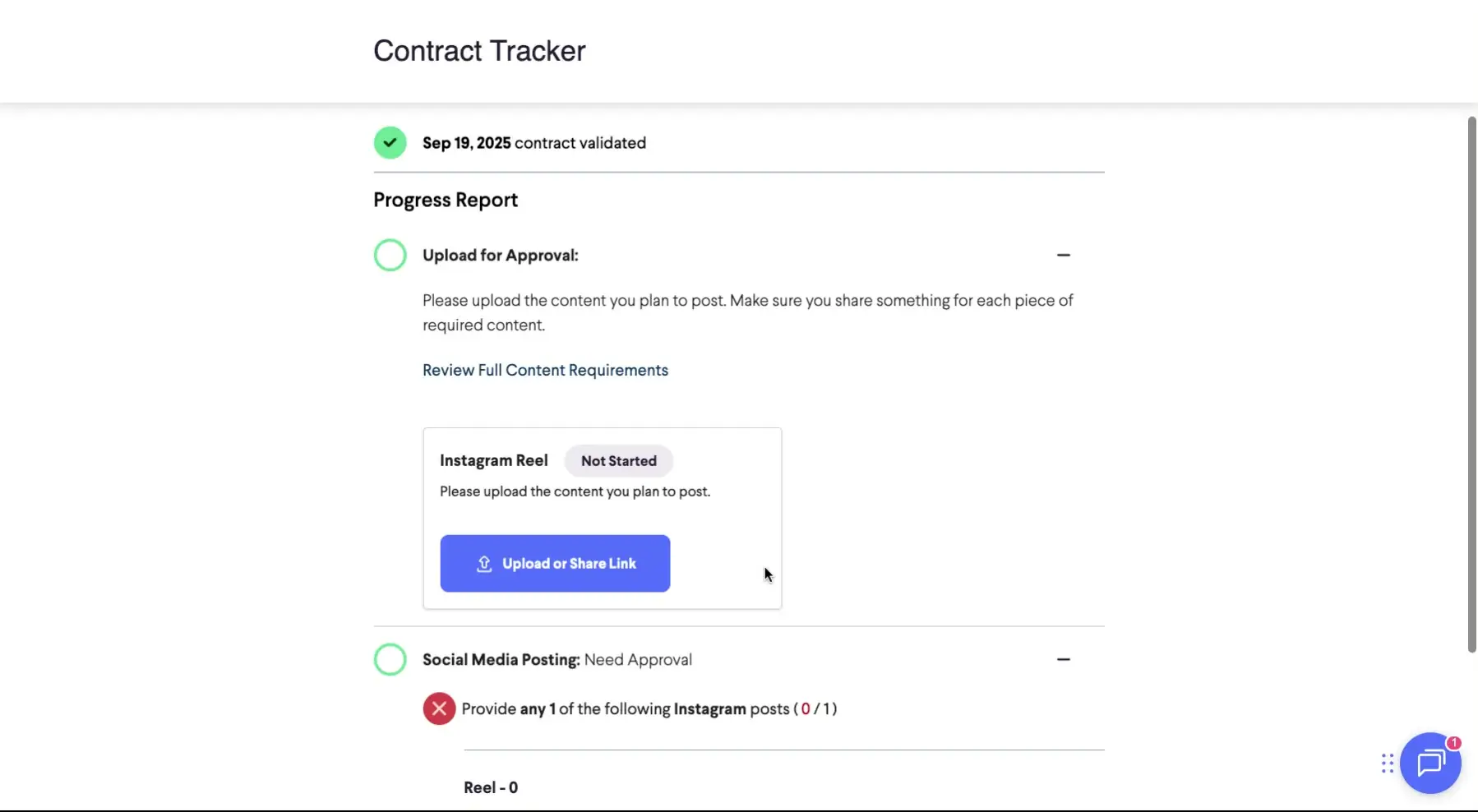 The screenshot displays the contract tracker, showing the progress report for content approval, including the option to upload content for Instagram Reels and review full content requirements.