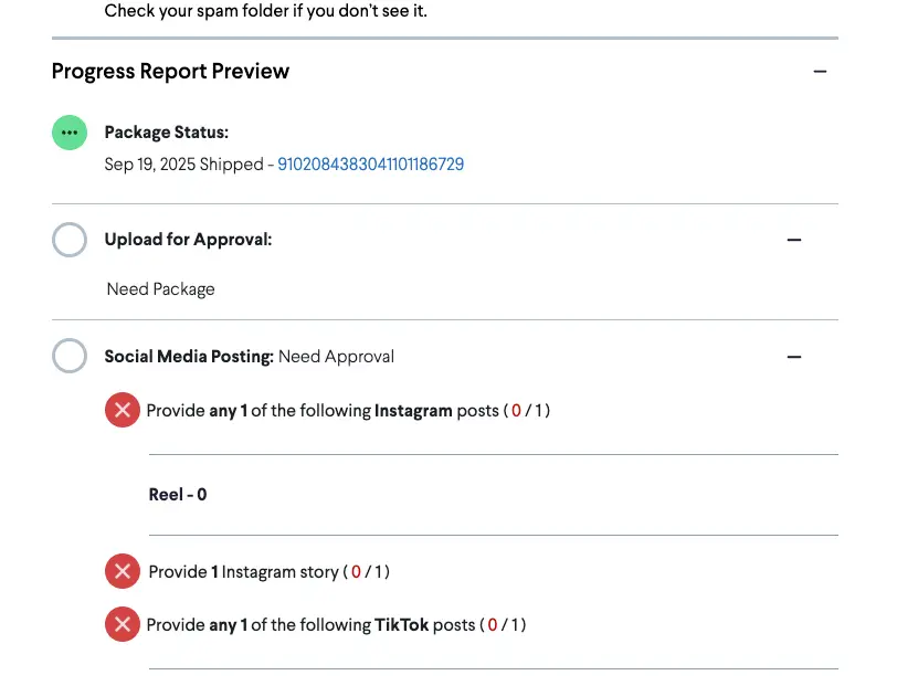 partnrUP Progress Report Preview showing package status and social media posting requirements