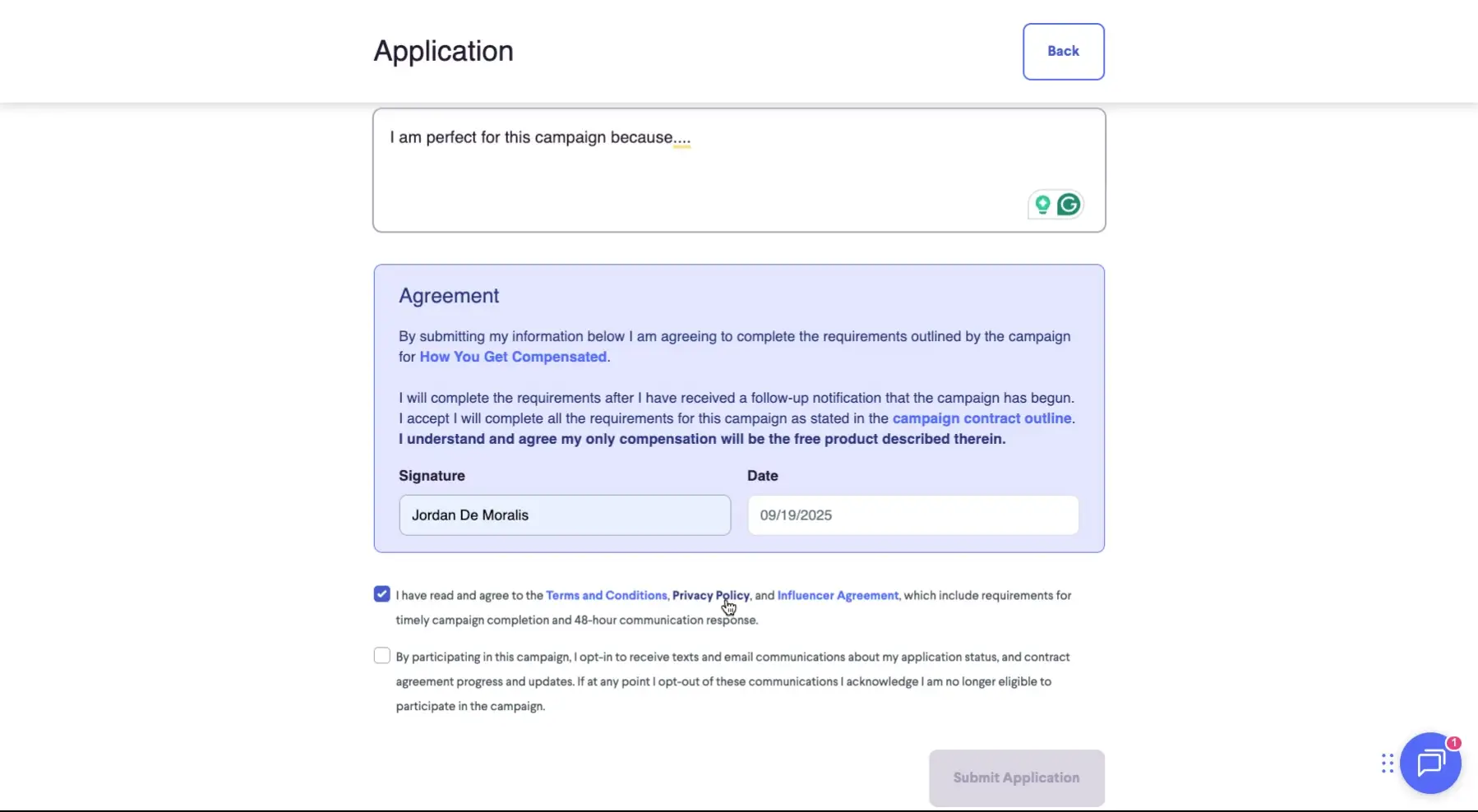 The user is reviewing and agreeing to the terms and conditions of a campaign application, including the influencer agreement, before submitting their application.