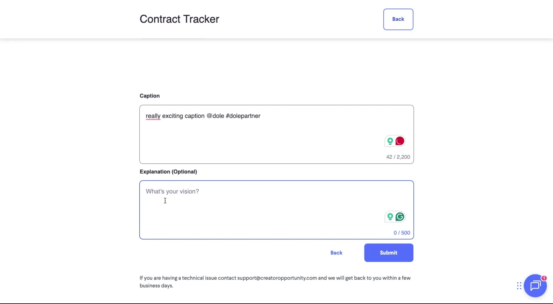The screenshot shows the "Contract Tracker" page, where the user is prompted to write a caption and an explanation for the contract.