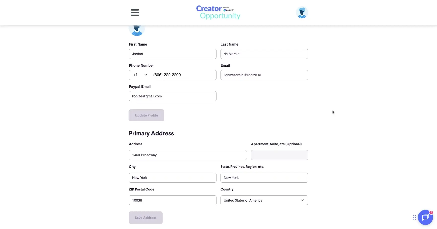 The screenshot shows a user profile form within the partnrUP platform, where users can input and update their personal and contact information, including name, phone number, email, and address details.