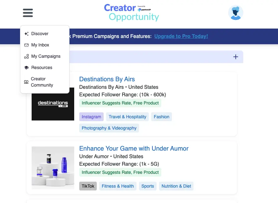 partnrUP Creator Opportunity page showing creator opportunities like Destinations By Airs and Enhance Your Game with Under Aumor.