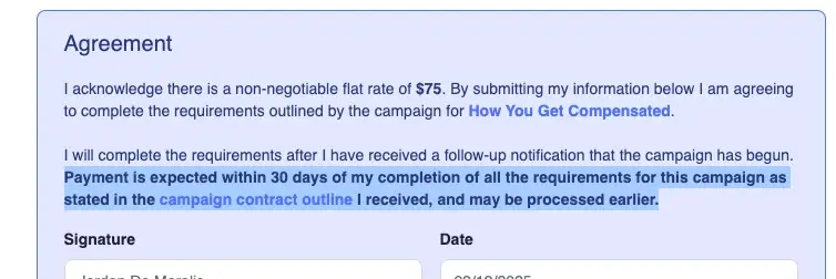 partnrUP Agreement section for campaign payment terms and conditions