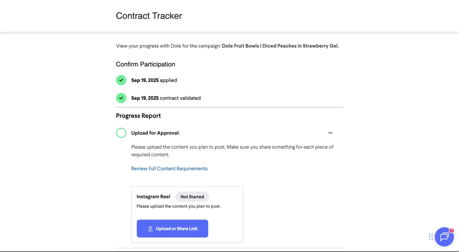 The screenshot displays the contract tracker for a campaign, showing the progress of the contract with Dole. It indicates that the participation and contract validation are complete, and the user is prompted to upload content for approval.