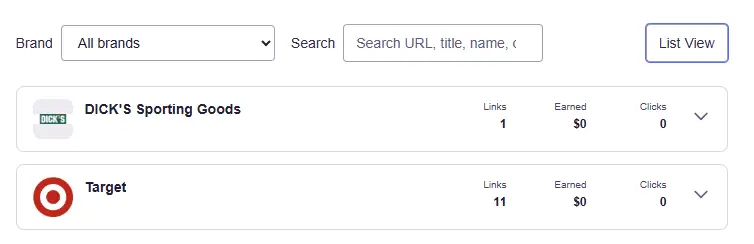 partnrUP Affiliate Links management screen showing brands and their associated links, earnings, and clicks.
